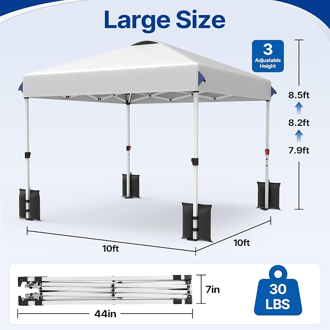 10x10 FT Pop Up Canopy Outdoor Tent, 1-Button Push Easy Set Up, Waterproof & 3-Height Adjustable Beach Shade, Heavy Duty Sun Shelter with 4 Sand Bags for Vendor Events Camping Party Outdoor Activities