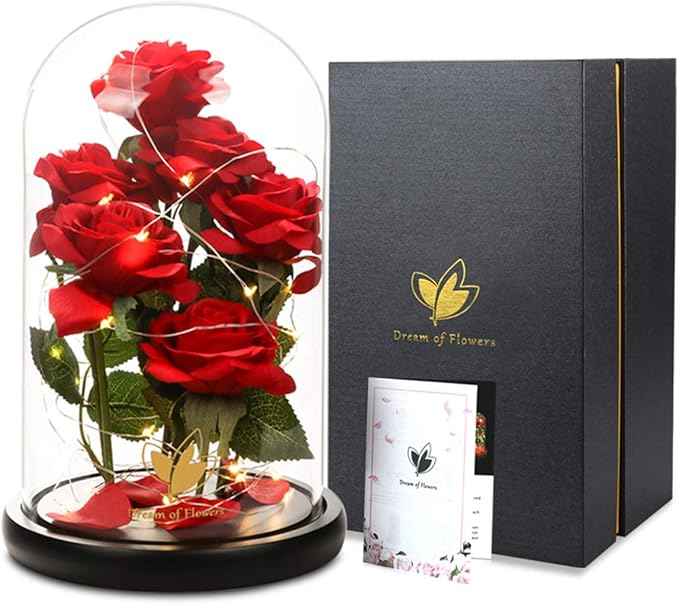 Mothers Day,Birthday Gifts for Women,Beauty and The Beast Rose,Artificial Silk Rose Preserved Forever in Glass Dome,Valentine's Day,Christmas,Anniversary,Flower Roses Gifts for Mom Wife Girlfriend