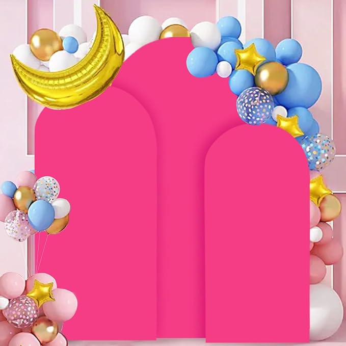 FANPROMS Arch Backdrop Cover Set of 3 Hot Pink Arch Cover Backdrop Fabric 5FT 6FT 7FT Spandex Round Top Arches Stand Covers for Birthday Party Arched Covers Stretchy Backdrops for Prom Reception Decor