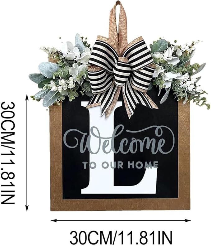 Last Name Year Round Front Door Wreath Front Porch Decoration 26 Letter Welcome Sign with Eucalyptus Garland and Bow Spring Wreaths for Front Door Outside Hanger Garland（L）
