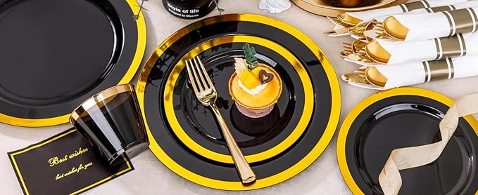 YOUBET 350PCS Black and Gold Plastic Plates - Gold Disposable Dinnerware Sets for 50 Guests - 100 Plastic Plates, 150 Gold Silverware, 50 Cups, 50 Pre Rolled Napkins for Party & Wedding Graduation