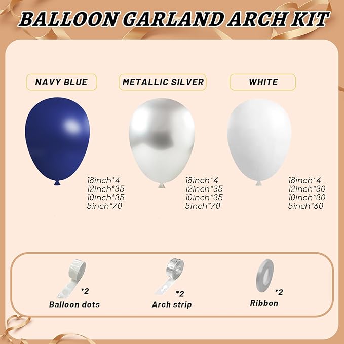 412Pcs Navy Blue and Silver Balloons Arch Garland Kit,5 10 12 18 inch Navy Blue White Silver Balloons for Birthday Wedding Graduation Anniversary Decorations