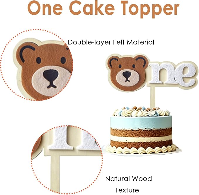 Bear 1st Birthday Decorations For Boy Girl Neutral High Chair Banner Set with Birthday Felt Banner Cake Topper Party Hat for baby first birthday