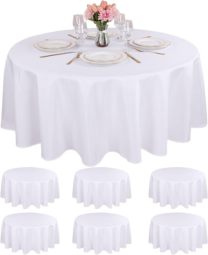 Kesfey 6 Packs Round Tablecloth 70 Inches White Polyester Table Cloths Stain and Wrinkle Resistant Tablecloths for Round Tables Washable Circle Fabric Tablecovers for Wedding Camping Banquet Parties