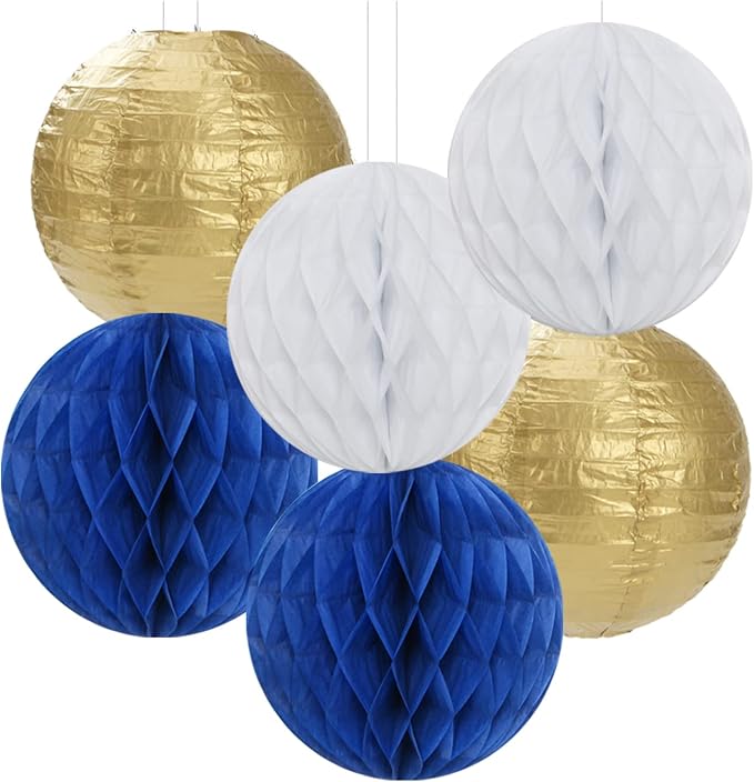 Navy-Blue White Gold Party Decorations - 14pcs Kits Paper Lanterns Fan,Tissue Flower Pom Poms Streamers,Honeycomb Balls,Graduation 2026 Men Birthday Wedding Baby Bridal Shower Decor Lasting Surprise
