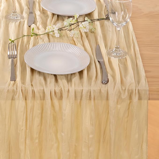 MLMC 2 Pack Champagne Cheesecloth Table Runner 10ft Sand Rustic Gauze Cheese Cloth Table Runner 35x120 Inches for Farmhouse Cozy Holiday Outdoor Events Home Decor
