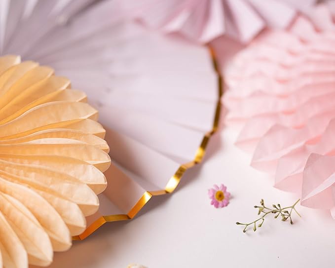 PapaKit 8-Piece Origami Paper Fan Set – Sparkling Pink Rose Blush & Gold Metallic Accents – Reusable Hanging Pinwheel Wall Backdrop for Girls Birthday, Baby Shower, Wedding, Bridal Shower & Boho Party Decorations