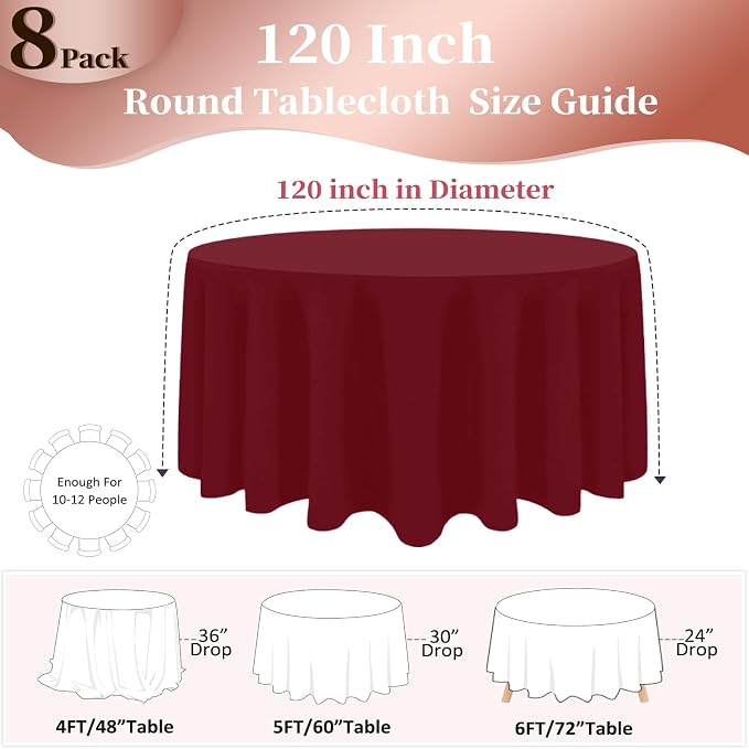 8 Pack Burgundy Round Tablecloth 120 Inch Round Table Cloth, Wrinkle Resistant and Washable Tablecloth Polyester Fabric Table Cloth Round Table Cover for Dining Wedding Banquet Party
