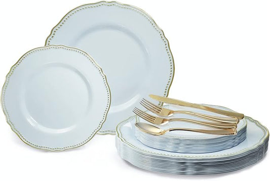 " OCCASIONS " 150pcs set (25 Guests)-Wedding Plastic Plates & cutlery -Disposable heavyweight Dinnerware 10.25'', 7.5'' + Silverware w/double fork (Rochelle Blue & Gold)
