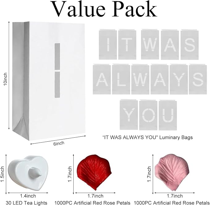 Valentines Day Decorations - It was Always You Light Up Letters Luminary Bags, Romantic Decorations Special Night with Bright LED Candles and Fake Rose Petals, Engagement Party & Proposal Decor kit