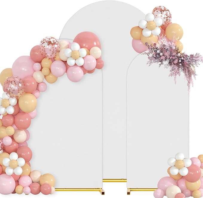 Arch Backdrop Stand with Cover Set, 7.2FT,6.6FT,6FT Gold Metal Wedding Arch for Ceremony, Heavy Duty Balloon Arch Stand with White Spandex Cover for Birthday Party, Baby Shower, Graduation