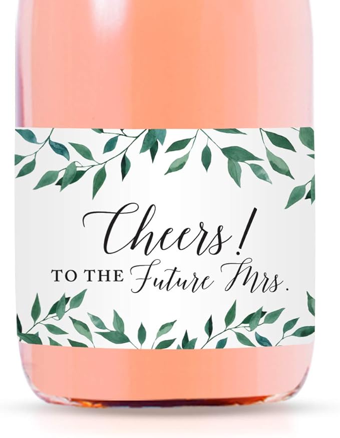 Andaz Press Bachelorette Mini Wine Labels for Bottles, Cheers! to The Future Mrs., Greenery Green Leaves 20-Pack Custom Mini Champagne Bottles Bulk Waterproof Mini Wine Bottle Labels