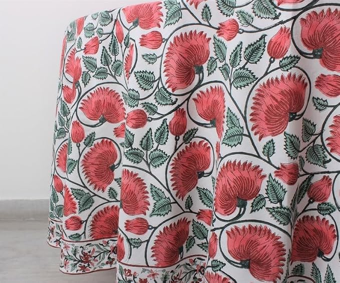 Ridhi Round Tablecloth Hand Block Print 100% Cotton Reusable Turquoise Green 60 Inch Table Cover Decorative Everyday Use for Dining, Home, Party, Wedding, Farmhouse Gift for Spring, Mother's Day