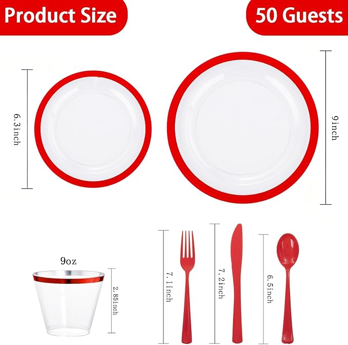 Liacere 350PCS Clear and Red Plastic Plates and Napkins for 50Guests Plastic Dinnerware Set-100 Red Disposable Plates 50 Pre Rolled Silverware Set,50 Cups for Party & Wedding & Labor Day