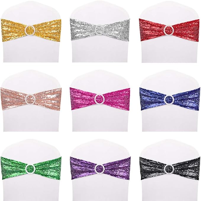Pack of 50 Chair Sashes Sequin Stretchy Spandex Bands Decorative Bows One-Sided Sequins Decor for Romantic Wedding Party Home Chair Cover Sash Decorations - Gold
