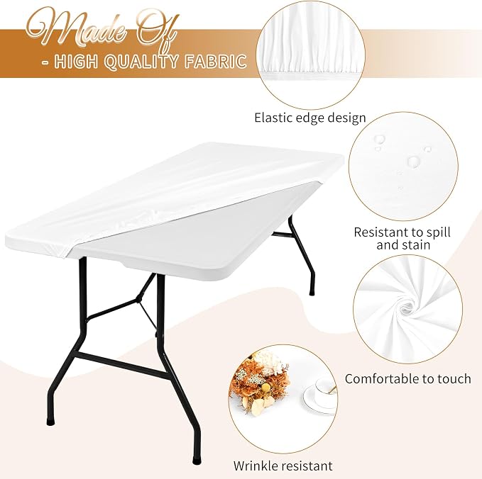 12 Pack Spandex Tablecloth Table Top Cap Cover, White Stretch Table Covers for 8FT Tables, Washable Elastic Rectangle Tablecloth Protector for Outdoor Party Picnic Wedding (White,30" W x 96" L)