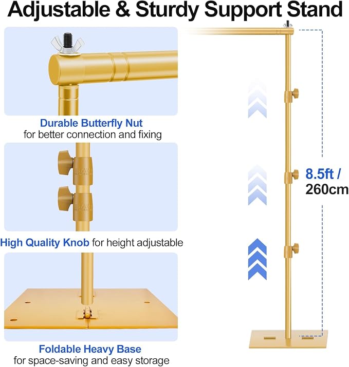 EMART Backdrop Stand, 8.5x10ft Width Adjustable Photography Background Support Poles with Heavy Duty Flat Base, Photo Metal Steel Pipe and Drape Frame Kit for Parties Birthday Wedding - Gold