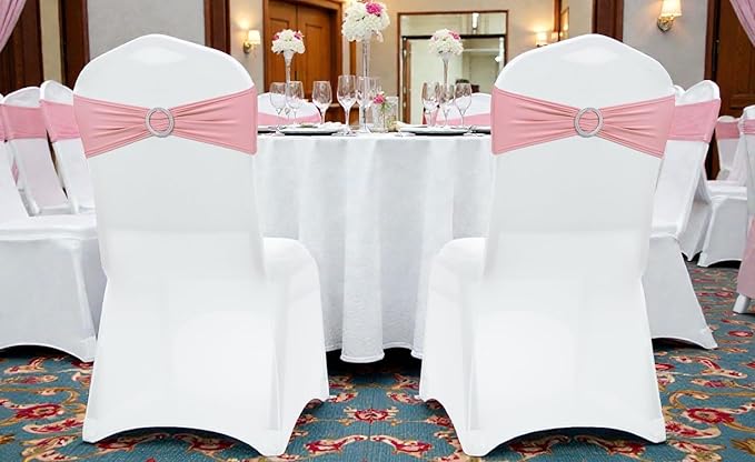 VDS - Dusty Rose | Spandex Chair Sashes Bows | 200 PCS | Stretch Elastic Banquet Universal Folding Chair Band Tie with Silver Buckle Slider for Wedding Party Conference Celebration Event Decoration
