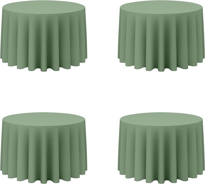 BRILLMAX 4 Pack Sage Green Round Tablecloths 108 Inch for 48” Tables - 150 GSM Polyester Fabric, Floor Length Drop, Water, Stain & Wrinkle Resistant Cloth Cover for Wedding Reception Banquet Dining