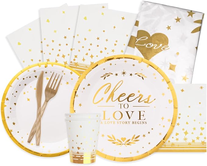 151 Counts 'Cheers to love' Gold Dinnerware and Tablecloth Set for Bridal Shower, Engagement, Wedding, Party Decorations, Elegant Tableware Set Includes Plates, Napkins, Cups, Tablecloth, Knives, Fork