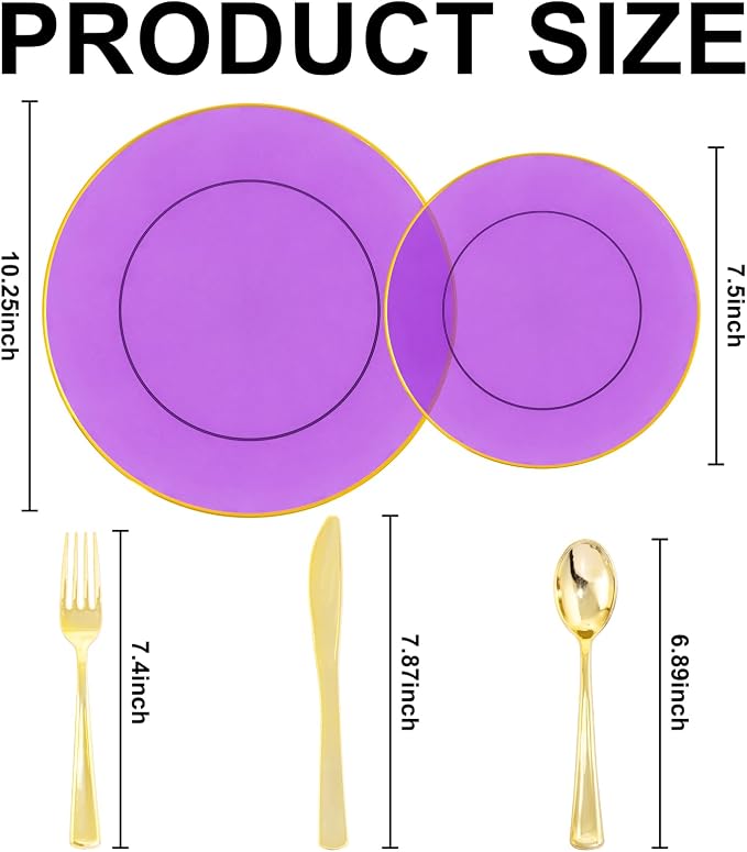 YOUBET 125PCS Purple Plastic Plates - Purple Disposable Plates With Gold Rim - Include 50 Dinner & Dessert Plate, 75 Gold Cutlery Perfect for Wedding Parties & Party