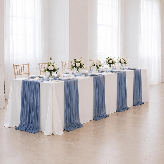 Cinrobiye 12 Pack Boho Wedding Table Decor Set, 6 White Tablecloths and 6 Cheesecloth Table Runners, Gauze Table Runner and Tablecloth Kit for Wedding Baby Shower Bridal Shower Party Reception(Blue)