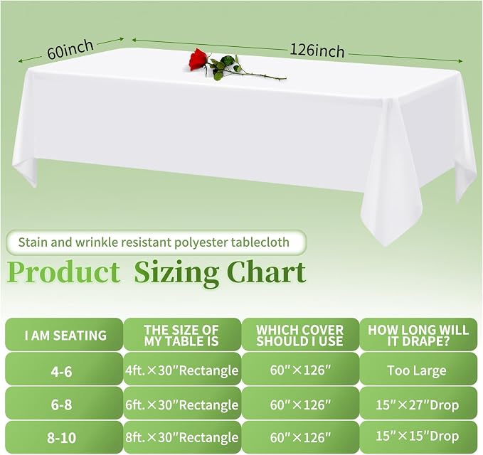 12 Pack White Tablecloths for Rectangle Tables Stain and Wrinkle Resistant Washable Polyester Tablecloth 60 x 126 Inch Table Cloth Rectangle Table 8 Foot Rectangle Table Cloth for Wedding Party