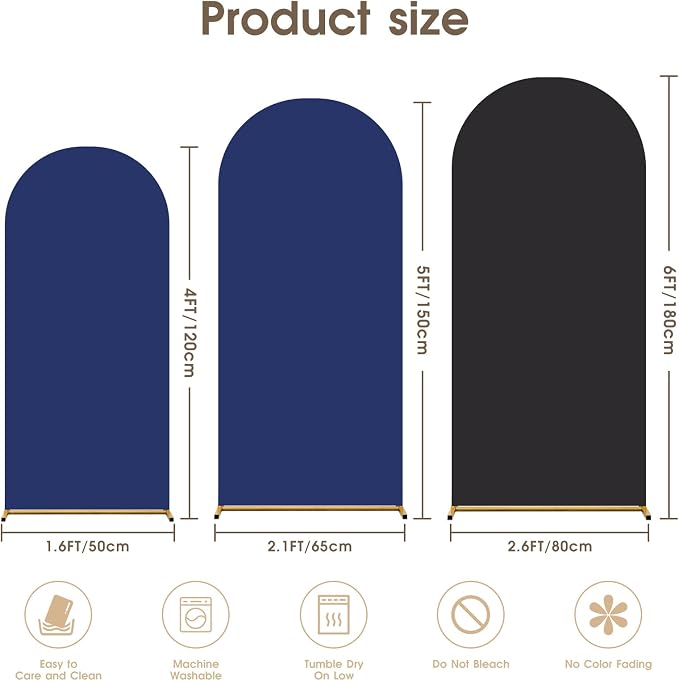 Double Color Set of 3 Arch Backdrop Cover,Spandex Fitted Wedding Arch Cover,Round Top Arch Backdrop Stands Cover for Birthday, Party, Baby Shower Decorations (4ft/5ft/6ft Black+Blue)