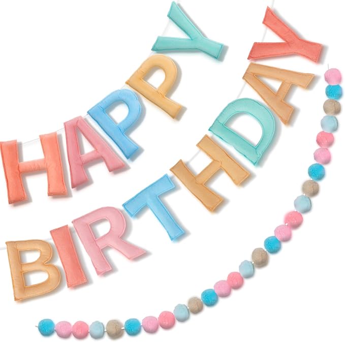 Bosctanuc 118 Inch Pre Strung Happy Birthday Banner, Felt Ball Garland Happy Birthday Garland, Macaron Birth Day Decor Party Favor, Macaron String Balls, Resuable Felt Banner
