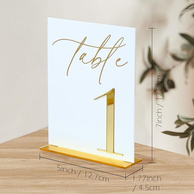Acrylic Wedding Table Numbers 1-10 with Stands, 5"x7" White Acrylic Signs with Gold Mirror Fonts, White and Gold 3D Table Numbers for Wedding Reception, Anniversary, Event