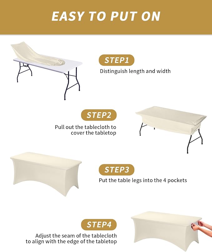 Fixwal 3 Pack Ivory Tablecloth Rectangle 6Ft, Stretch Spandex Fitted Table Cover for Party, Trade Show, Wedding, Buffet, Graduation, Vendor Stand