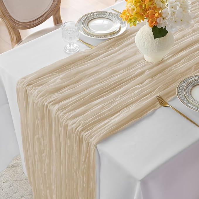 6 Pack Begie Cheesecloth Table Runner 35"×120" Gauze Fabric Table Runner Rustic Sheer Runner for Wedding Birthday Baby Shower Party Table Decoration Beige 6 Pack