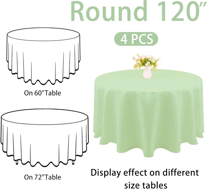 4 Pack 120 Inch Polyester Round Table Cloth Washable Fabric Table Covers for Wedding Dining Table Parties（Round 120 Sage Green）