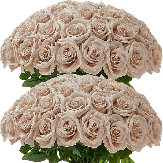 100 Pcs Nude Roses Artificial Flowers in Bulk, Long Stem Artificial Flower Bouquet, Silk Fake Rose for Wedding Party Table Centerpieces Decor Valentines Gifts