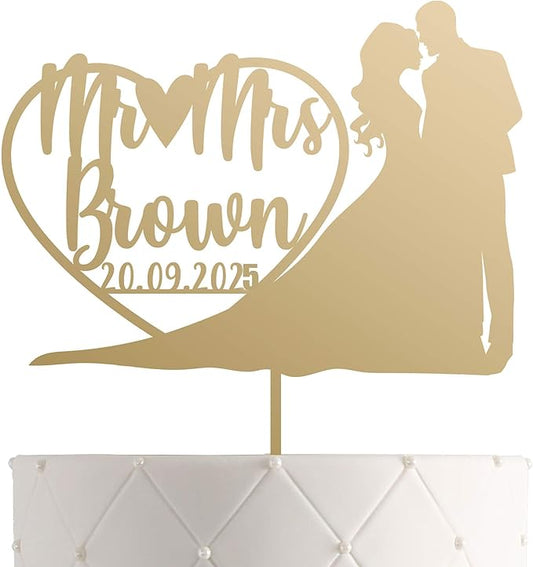 Personalized Mr. & Mrs. Wedding Cake Topper – Custom Bride & Groom Cake Decoration – Elegant Wedding Décor, Anniversary, Engagement Party (Design 5 (IP113), Gold Mirror)