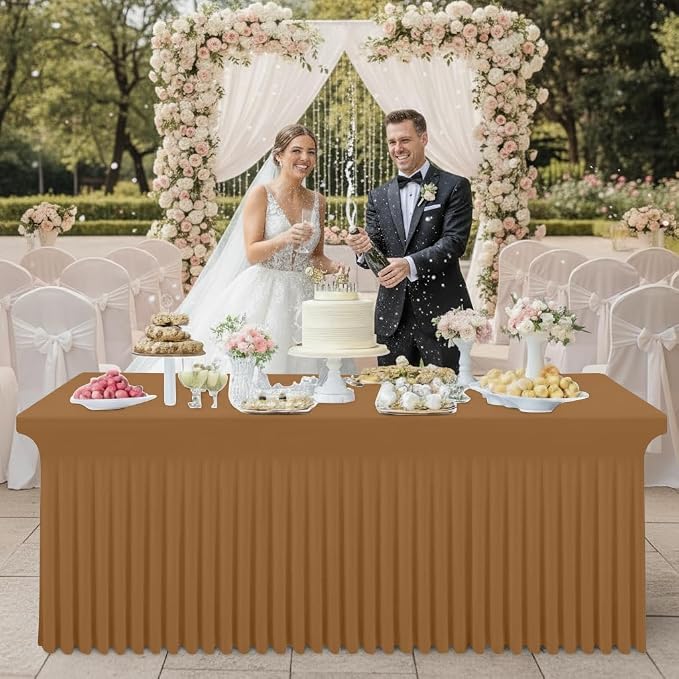 Smiry Spandex Tablecloth 2 Pack, Elastic Fitted Stretch Tablecloth for 6FT Rectangle Tables, Waterproof Washable Table Cover Skirt for Outdoor, Wedding, Banquet & Parties (Brown, 72Lx30Wx30H Inch)