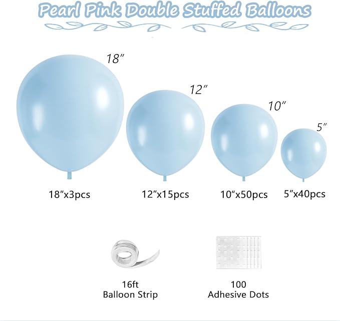 108Pcs Pearl Blue Double Stuffed Balloons Different Size, 18/12/10/5 inch Baby Light Blue Balloons Garland Arch kit for Birthday Baby Bridal Shower Wedding Party Decorations