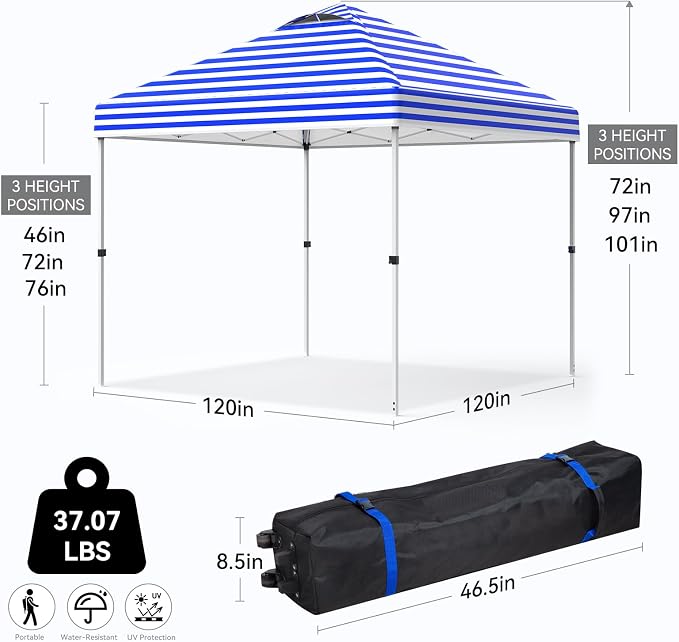 Nazhura 10' x 10' Pop Up Canopy with Sand Weight Bag, Awing for Patio, Freestanding Sun Shelter for Picnic and Camping, One Person Setup, White (Blue Stripe)