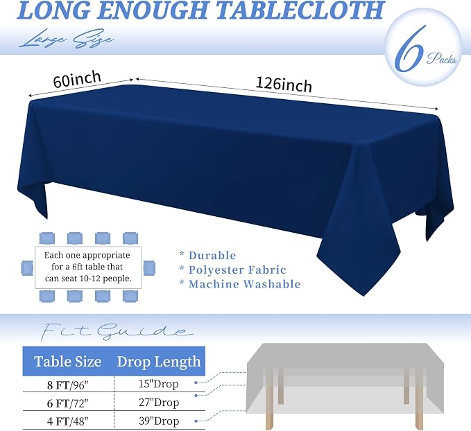 6 Pack Tablecloth 60 x126 inch Polyester Table Cloth for 8 Foot Rectangle Tables,Stain and Wrinkle Resistant Washable Fabric Table Covers Polyester Navy Blue Table Clothes for Wedding,Party,Banquet