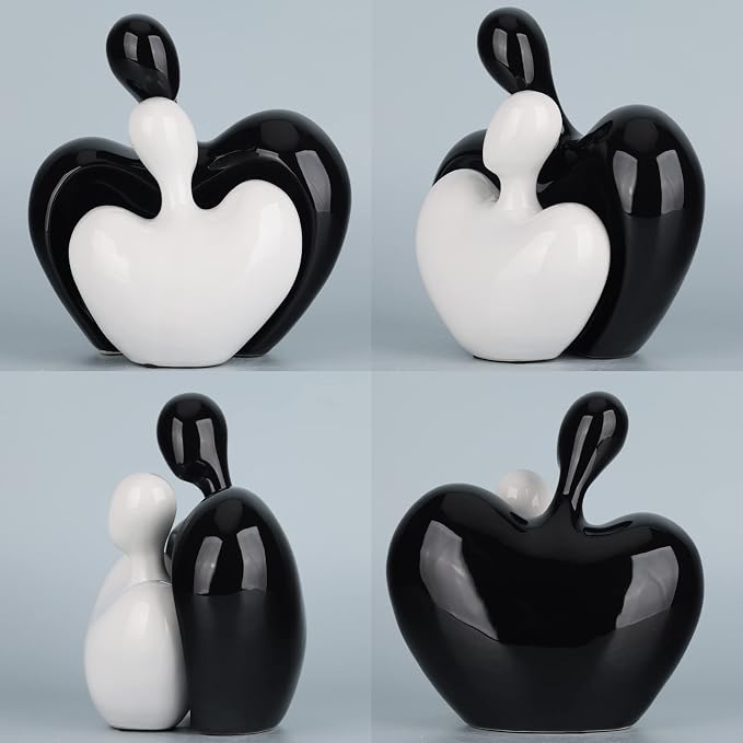 Ceramic Love Statue, Male and Female Couple embracing Sculpture, Black and White Home Decor, Wedding for Parents, Love Sign Figurines on The Shelf in The Living Room 2-Piece Set