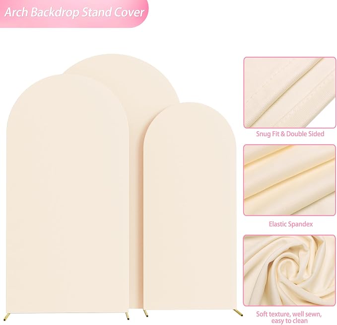 Wokceer Wedding Arch Backdrop Cover (7.2FT, 6.6FT, 6FT) Set of 3 Spandex Fitted Beige Arch Covers Round Top Chiara Arches Covers Stretchy Backdrop for Birthday Party Ceremony Banquet Decor