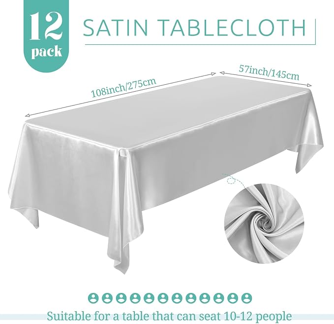 12 Pack Silver Satin Tablecloth, 57 x 108 Inch Silky Satin Table Cloth, Rectangle Bright Silk Tablecloth Smooth Fabric Table Covers Overlay Silky Table Decoration for Wedding Party Banquet Birthday