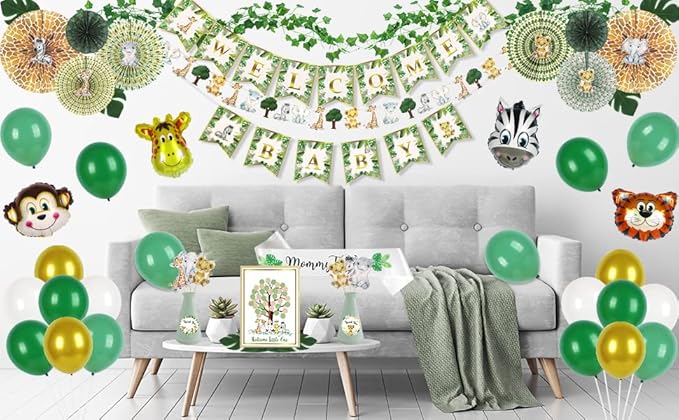 320-Piece Jungle Safari Baby Shower Decorations Kit for Boy or Girl | Gender Neutral Animal Theme Decor with Balloons, Banners, Garland, Fans, Sash, Cake Topper, Games, Stickers, Cutouts, Ivy Vines