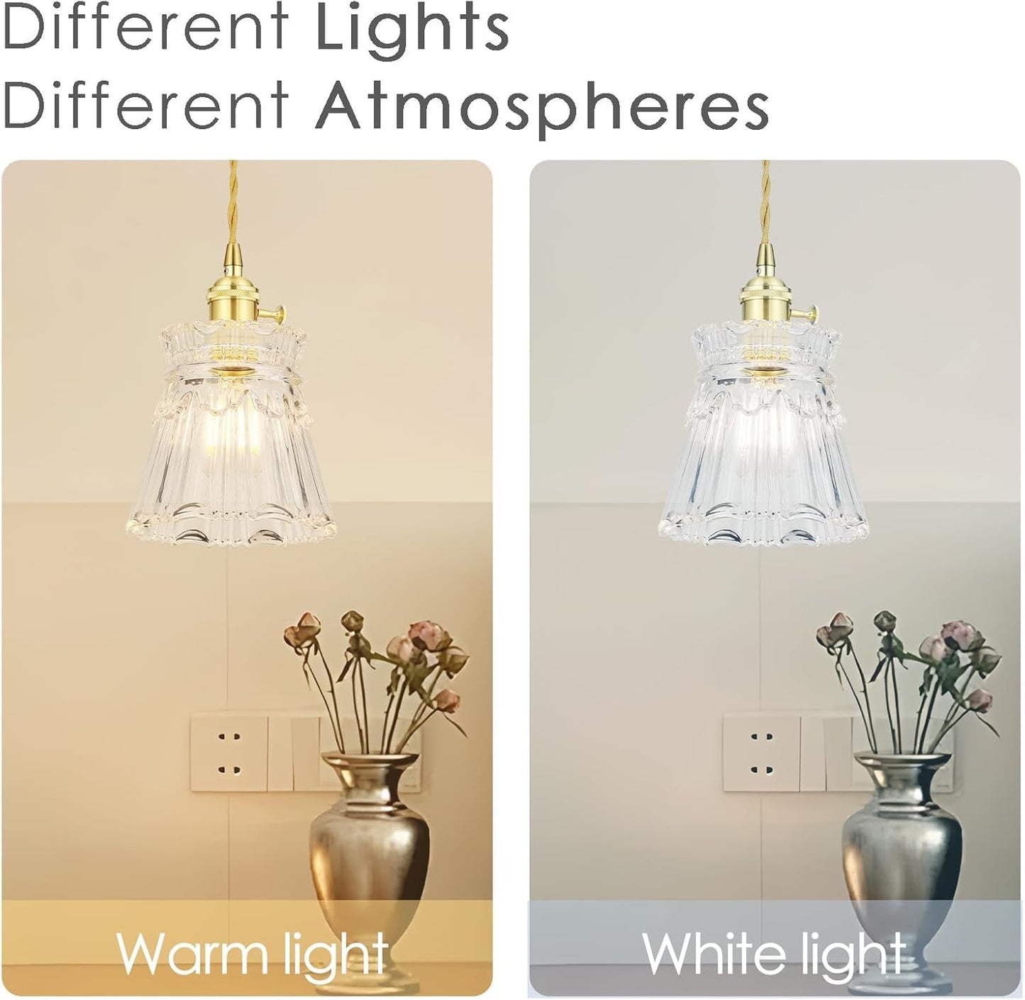 Vintage Pendant Light - Gold Hanging Lamp with French Floral Glass Shade, 70-Inch Adjustable Cord for Kitchen Island, Dining Room, Bedroom, Over Table (Hardwired)