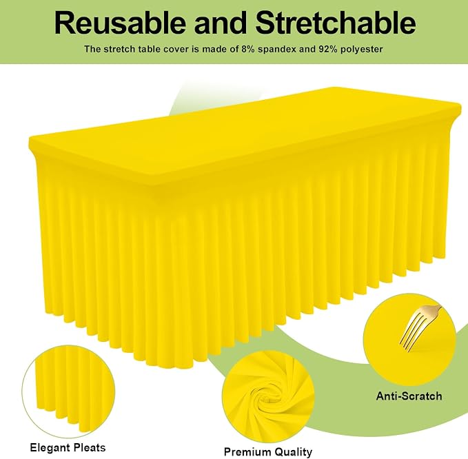 Smiry Spandex Tablecloth, Elastic Fitted Stretch Tablecloth for 8FT Rectangle Tables, Waterproof Washable Table Cover Skirt for Outdoor, Wedding, Banquet & Parties (Yellow, 96Lx30Wx30H Inch)