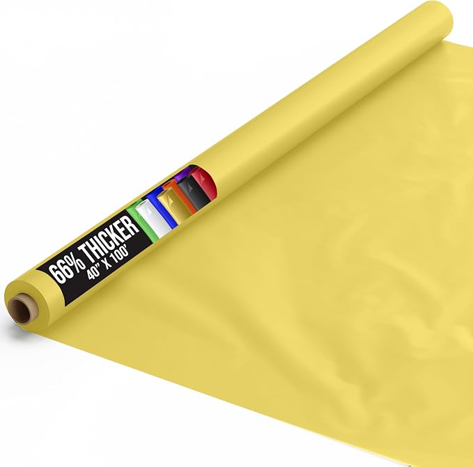 Party Solids 66% Thicker Premium Light Yellow Plastic Table Cover Roll 40" X 100' Table Cloth Plastic Cover Roll Quality Thick Banquet Rolls Disposable Tablecloth Rolls Strong American Based Company