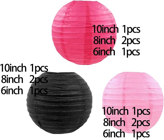 CC wonderland zone 12pcs Hot Pink and Black Paper Lanterns,Hanging Paper Lanterns for Girls Birthday Party Decorations