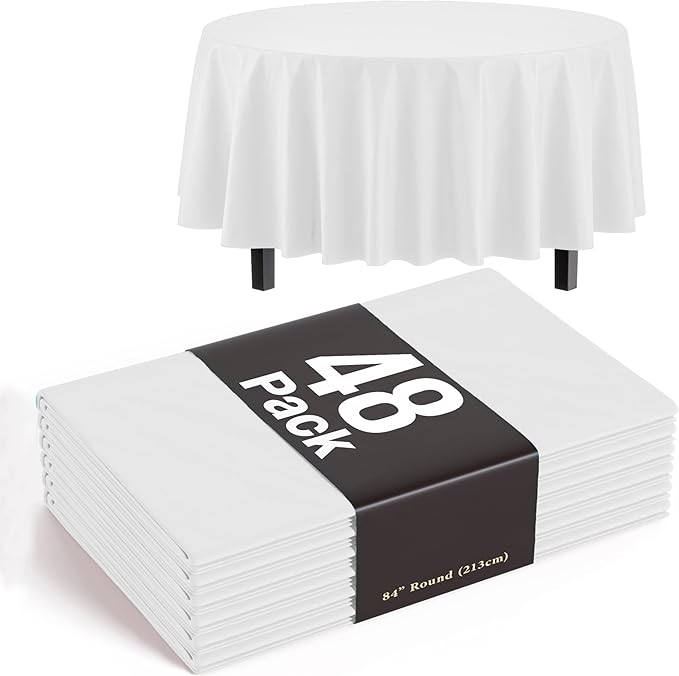 Party Solids White Round Tablecloths Plastic Table Cloth Disposable 48 Pack 84" Inch Round Table Cloth Disposable White Tablecloths Plastic Tablecloth Indoor/Outdoor Tablecloth Party Supplies