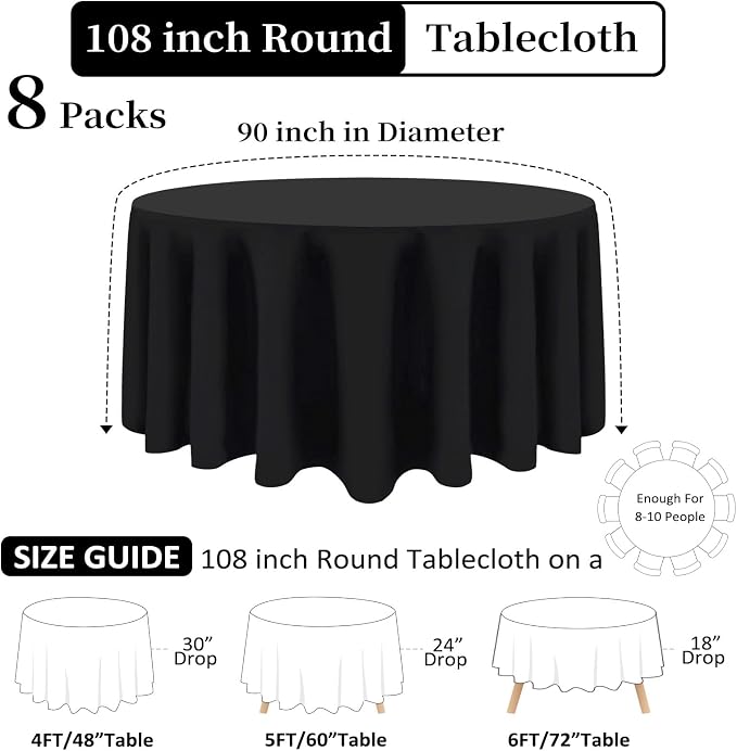 8 Pack Black Round Tablecloth 108 Inch Black Table Cloth Stain and Wrinkle Resistant Round Tablecloths Reusable and Washable Polyester Fabric Table Covers for Buffet Wedding Party and Banquet