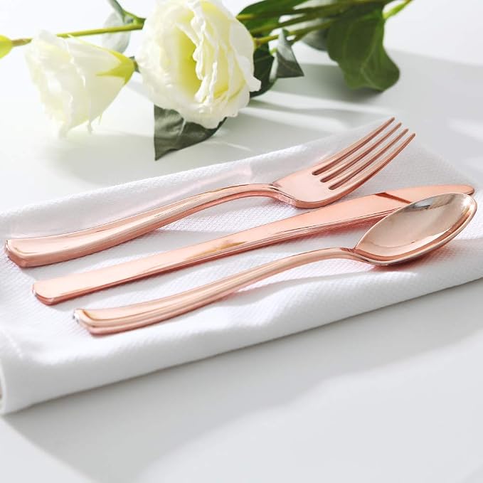 WDF 300 Pieces Rose Gold Plastic Silverware- Disposable Flatware Set - Heavy Duty Plastic Cutlery Includes 100 Forks, 100 Spoons, 100 Knives Perfect for Wedding/Party/Birthday